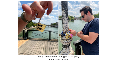 Stefanie McAuley, of Broad World, and boyfriend add a lock to Pont Des Arts bridge in Paris.