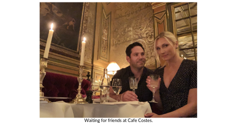 Broad World's Stef McAuley and boyfriend enjoy cocktails at Cafe Costes, Paris.