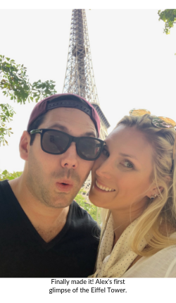Broad World, Stefanie McAuley and boyfriend in Paris in front of Eiffel Tower.