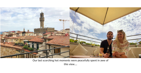 Broad World and boyfriend enjoy drinks on a patio in Florence.